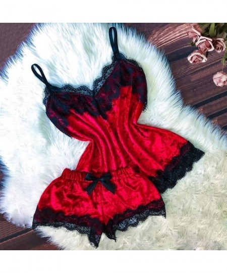 Sets Womens Sexy Satin Sling Sleepwear Lingerie Lace Bowknot Nightdress Underwear - C-red - CI198E4LUSI