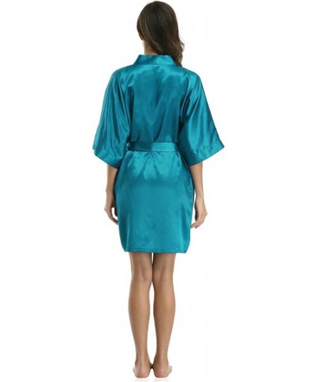 Robes Women's Satin Kimono Robe- Solid Color- Short - Peacockblue - C01827TAX3E