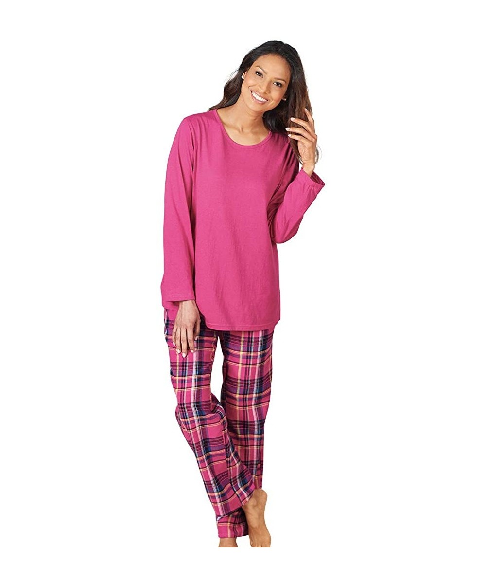 Sets Women's Pajama Set - 100% Flannel Pants and Long Sleeve Cotton PJ Top - Fuchsia - CL18M0ULETH