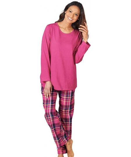 Sets Women's Pajama Set - 100% Flannel Pants and Long Sleeve Cotton PJ Top - Fuchsia - CL18M0ULETH