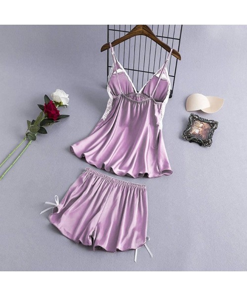 Sets Women Lace Satin Pajama Set V-Neck Camisole Bowknot Shorts Set Sleepwear Lingerie - Purple - CB193Y6E7SY