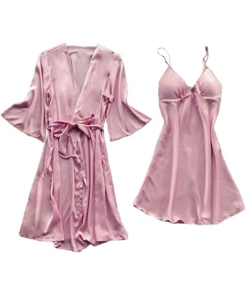 Nightgowns & Sleepshirts Women's Silky Robe- Satin Kimono Bathrobe for Wedding Party Brides Bridesmaids Loungewear - Pink - C...