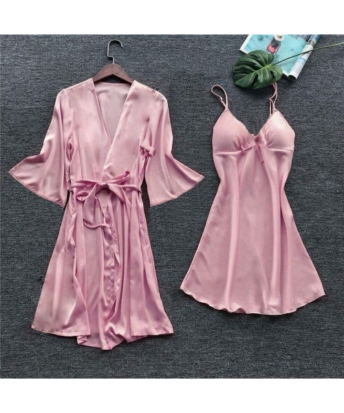 Nightgowns & Sleepshirts Women's Silky Robe- Satin Kimono Bathrobe for Wedding Party Brides Bridesmaids Loungewear - Pink - C...