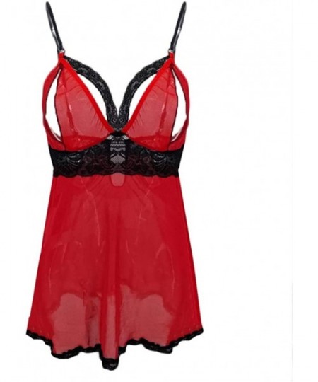 Baby Dolls & Chemises Eroctic Underwear Women Plus Size Lace Mesh Lingerie Red Babydoll Lace Split Cup Sleepwear Set - Red - ...