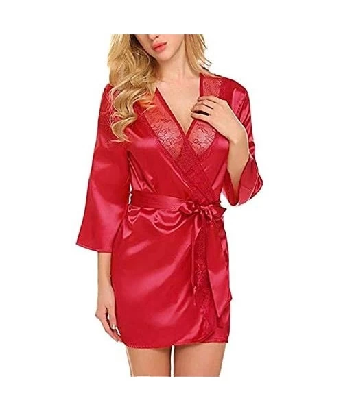 Thermal Underwear Fashion Women's Autumn Casual Solid Nine-Minute Sleeve Lace Splicing Sleepwear - Red - CD1993TXI5K