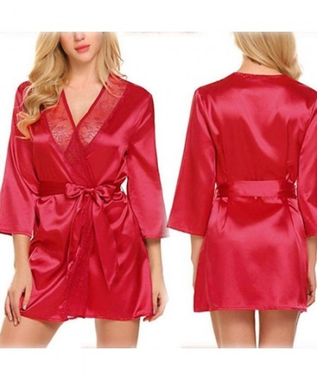 Thermal Underwear Fashion Women's Autumn Casual Solid Nine-Minute Sleeve Lace Splicing Sleepwear - Red - CD1993TXI5K
