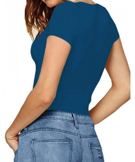 Shapewear Women's Round Neck Short Sleeve T Shirts Basic Bodysuits - Teal Blue - C41930TYKWD