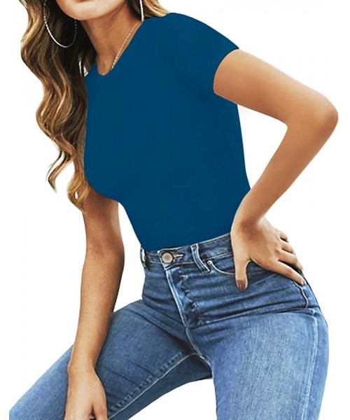 Shapewear Women's Round Neck Short Sleeve T Shirts Basic Bodysuits - Teal Blue - C41930TYKWD