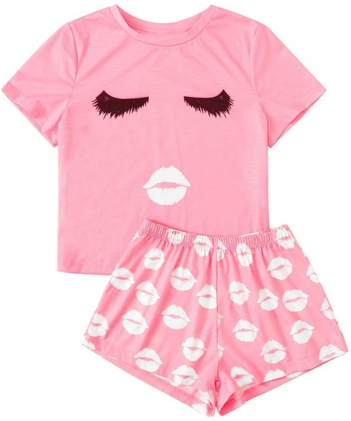 Sets Women's Sleepwear Face Print Top and Red Lip Shorts Pajama Set - Pink - CI18WQXCE3R