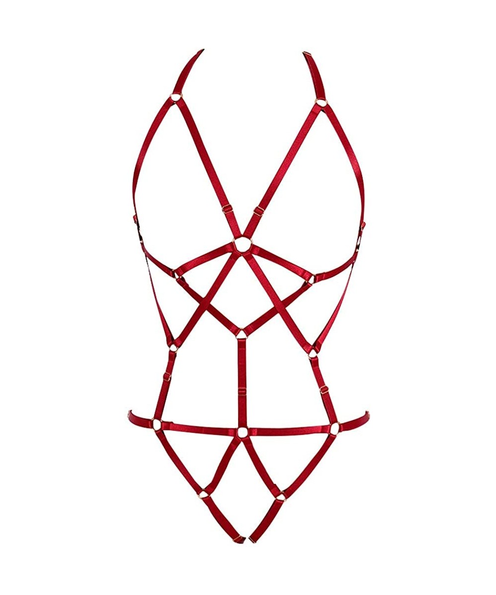Bras Women Strappy Full Cage Body Harness Lingerie Garter Belt Set Strap Hollow Top Bra Punk Gothic Festival Wear - Wine Red ...