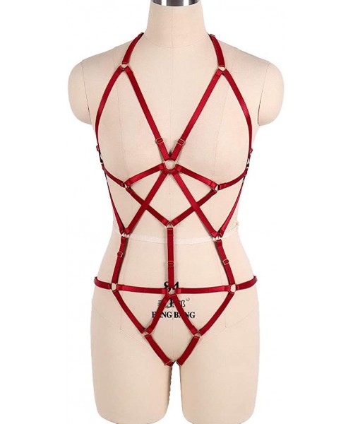 Bras Women Strappy Full Cage Body Harness Lingerie Garter Belt Set Strap Hollow Top Bra Punk Gothic Festival Wear - Wine Red ...
