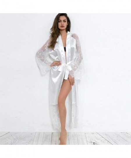 Camisoles & Tanks Women Sexy Silk Lace Satin Kimono Robe Bathrobe Lingerie Sleepwear Belt Pajamas - White - CN18S0AYQRQ