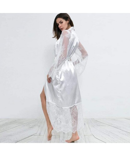Camisoles & Tanks Women Sexy Silk Lace Satin Kimono Robe Bathrobe Lingerie Sleepwear Belt Pajamas - White - CN18S0AYQRQ