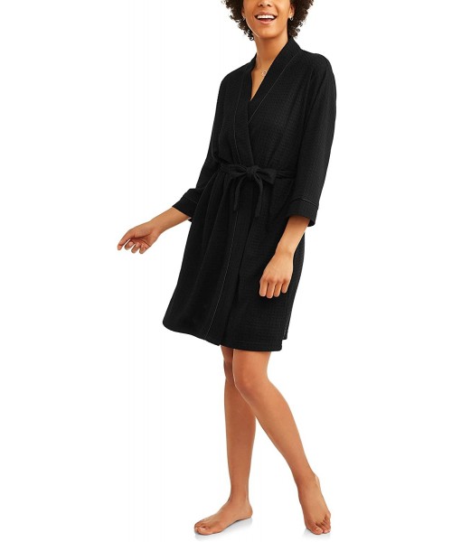 Robes Women Short Wrap Robe Plus Size Long Sleeves Belt - Black Soot - CA18EAQXUY7