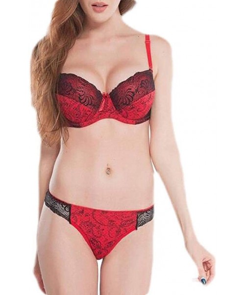 Bras Plus Size Floral Underwire Lace Underwear Bra Panty Set - Red - CD18W8TSQOK