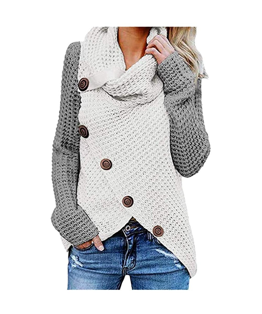 Tops Womens Cowl Neck Knit Sweater Button Up Pullover Tunic Asymmetrical Fall Sweatshirt Top - Button - Gray - CQ18AOWRW24