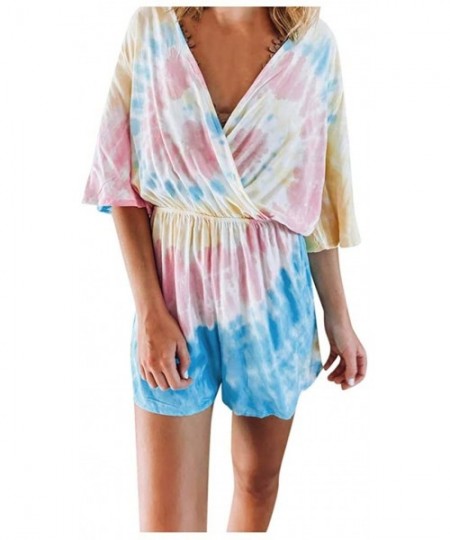 Thermal Underwear Women Summer Casual V-Neck Elastic Waist Tie-Dye Shorts Jumpsuit - Multicolor - CY1900K5QN6