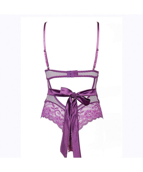 Sets Women Lingeries Satin Lingerie Bodysuit V-Neck Lace Babydoll Short Jumpsuit Pajamas Loose Nightwears - Purple - C918RQ88KE4