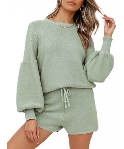 Sets Women's Rib Knit Sets Rompers Long Puff Sleeve Tops and Drawstring Shorts Two Piece Outfits - Bean Green - C2190AAAYCX