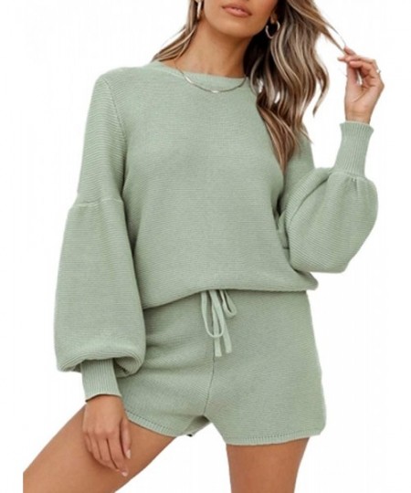 Women's Rib Knit Sets Rompers Long Puff Sleeve Tops and Drawstring ...