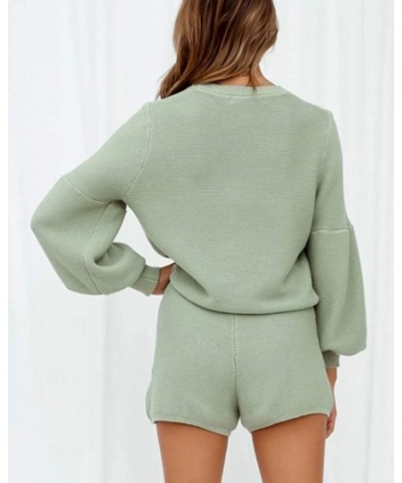 Sets Women's Rib Knit Sets Rompers Long Puff Sleeve Tops and Drawstring Shorts Two Piece Outfits - Bean Green - C2190AAAYCX