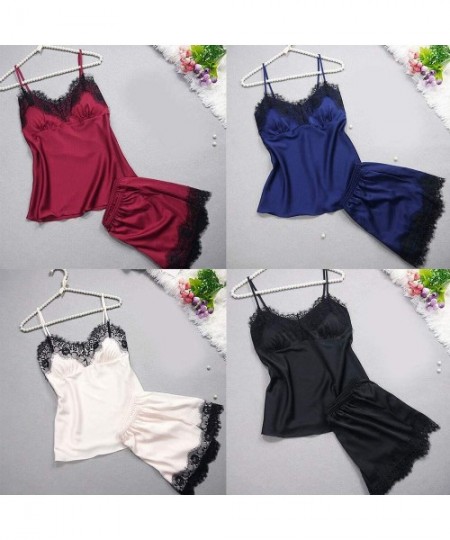 Nightgowns & Sleepshirts Sleeveless Strap Pajama Sets Nightwear Women Lace Trim Sleepwear Satin Cami Tops - A Navy - CE18LCY33X2