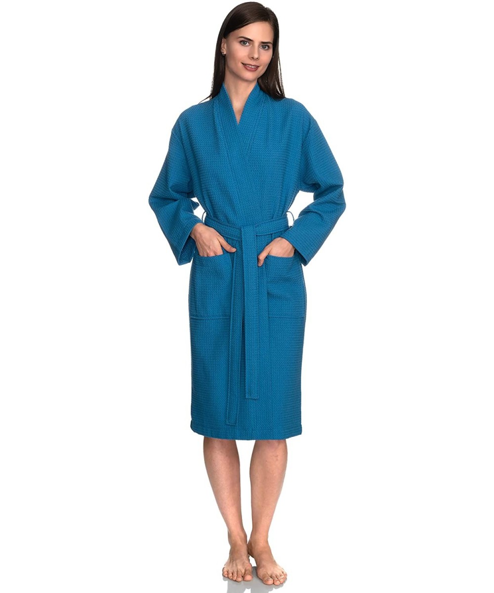 Robes Women's Robe- Kimono Waffle Spa Bathrobe - Mediterranean Blue - CF182H4ECRZ