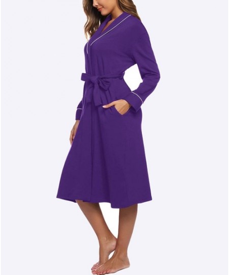 Robes Women's Cotton Kimono Robes Lightweight Robe Short/Long Knit Bathrobe Soft Sleepwear Ladies Loungewear - Purple - CX18X...