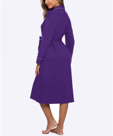 Robes Women's Cotton Kimono Robes Lightweight Robe Short/Long Knit Bathrobe Soft Sleepwear Ladies Loungewear - Purple - CX18X...