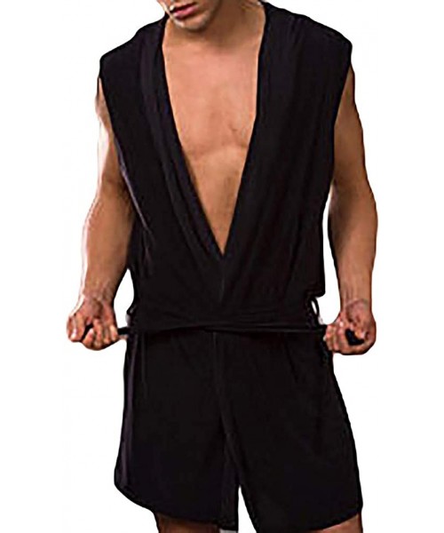 Robes Fashion Men's Bathrobe Sleeveless Hooded Spring Summer Sleepwear Nightgown Robe - Black - CQ18T6332ZW
