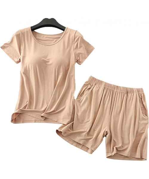 Sets Womens Modal Built in Bra T Shirt & Shorts Padded Shelf Bra Lingerie Lounge Pajama Tunic Tops and Bottoms 01 Khaki - CE1...