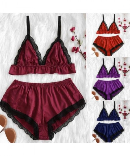 Baby Dolls & Chemises Satin Sexy Lingerie Girl Lace Splice Bodysuit Sleepwear Babydoll Pyjamas Women RefreshingKJ (Red Size U...