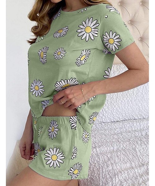 Sets Women's Pajama Set Sleepwear Fashion Daisy Print Short Sleeve O Neck T-Shirts Shorts Set Nightwear - Green - CJ190AZ9CG7