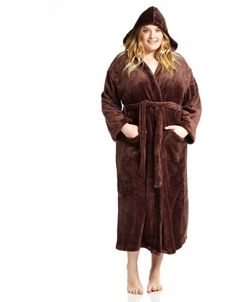 Robes Plus Size Womens Fleece Solid Colored Robe Long Hooded Bathrobe - Brown - CU19342YT53