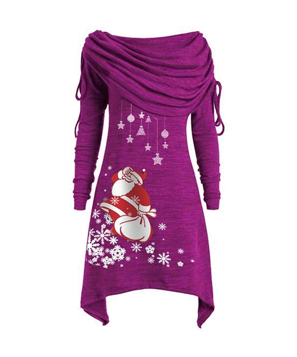 Tops Plus Size Ruched Long Foldover Collar Top Christmas Off Shoulder Sweater Elk Print Long Sleeve Sweatshirt - C purple - C...