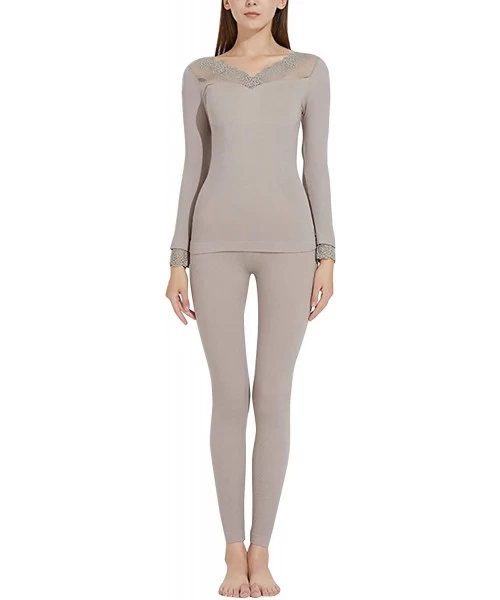 Thermal Underwear Womens Thermal Underwear Set V Neck Long Johns Lace Top & Bottom Base Layer - Gy - CH18A9M9575