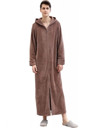 Robes Winter Coral Plush Thickened Long Flannel Nightgown Bathrobe Zipper Hooded Nightgown - Brown-men - CR192YOHHZQ