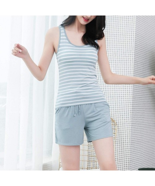 Sets Women's Padded Tank Pajama Set 2 Pieces Shorts Pockets Drawstring Stripe Loungewear - Green - CW18TQA2LZU