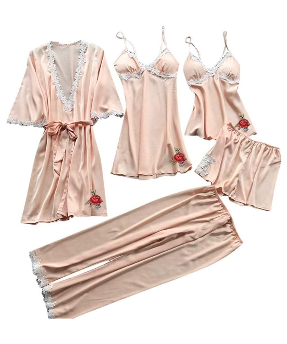 Sets Womens Sexy Satin Pajamas Set 2pcs Nightgown with Robe Dress Silk Babydoll Sleepwear Nightdress Pajamas Set - D-beige (5...