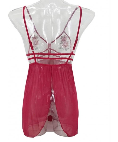 Baby Dolls & Chemises Women Plus Size Underwear Embroidered Applique Lingerie Red Babydoll Light Sleepwear Set - Wine - CI197...
