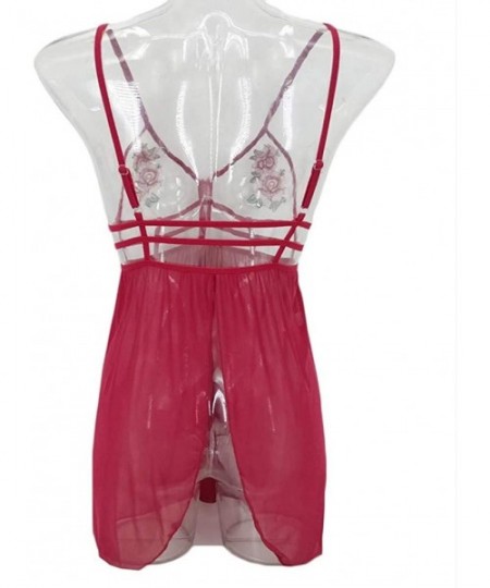Baby Dolls & Chemises Women Plus Size Underwear Embroidered Applique Lingerie Red Babydoll Light Sleepwear Set - Wine - CI197...
