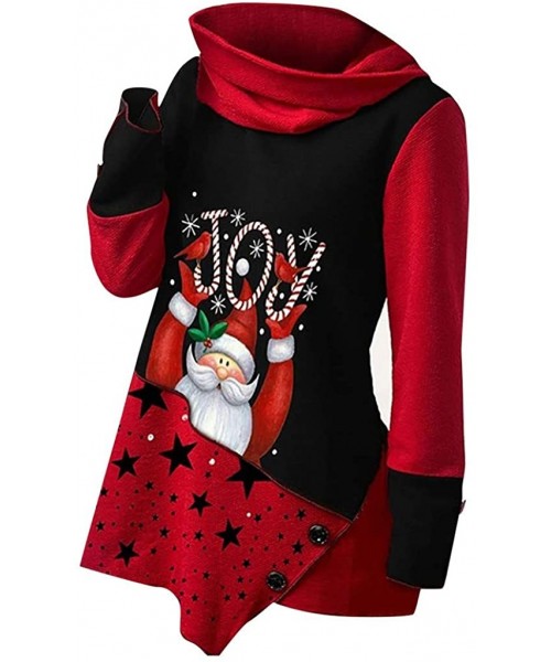 Thermal Underwear Christmas Patchwork Sweatshirt-Women Print Tops High Collar Blouse T-Shirt - Red - CL18ZXYW3W0