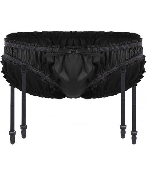 Briefs Men Satin Bikini Underwear Sissy Pouch Panties Maid Briefs Crossdress Lingerie with Garters - Black - C318EWDR5ZG