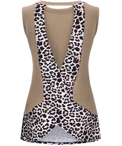 Robes Womens Leopard Print Sleeveless Cross Strap Vest Casual Leopard Print T Shirt Casual O Neck Sleeveless Tops Khaki - CQ1...