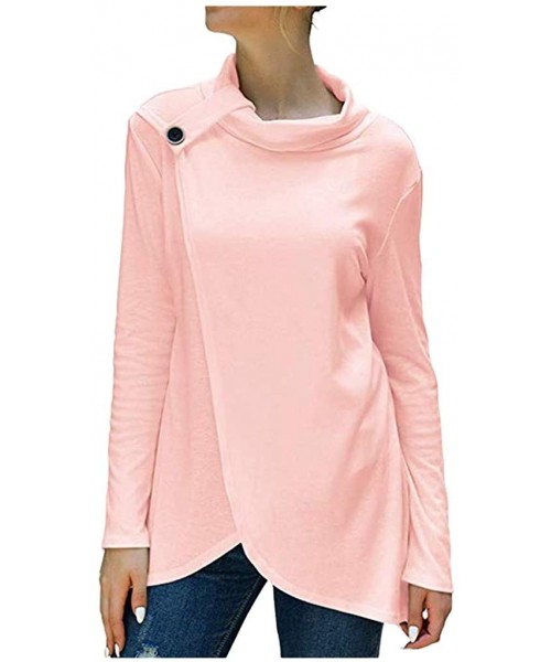 Tops Women's Wrap Shirts Turtleneck Loose Button Lightweight Pullover Tunic Tops - Pink - CN1927E45GL