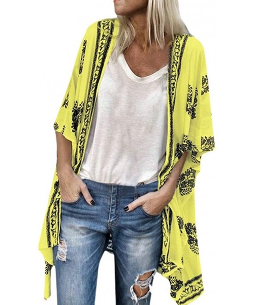Slips Womens Cardigans Boho Print Lightweight Thin Sunscreen Chiffon Cardigan Kimono Cover up Coat - Yellow - C418XW8Z5KI