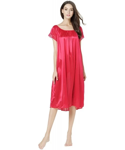 Nightgowns & Sleepshirts Women's Short Sleeve Lace Trim Satin Silky Long Nightgown Sleepwear Dress - Red - C21247JS0DZ