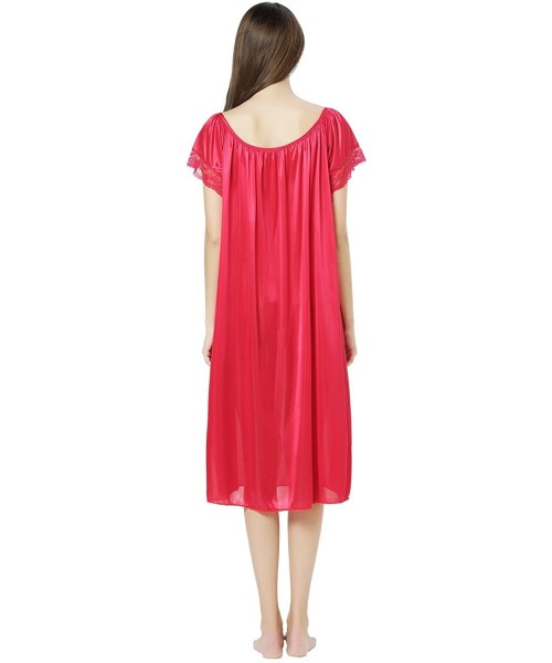 Nightgowns & Sleepshirts Women's Short Sleeve Lace Trim Satin Silky Long Nightgown Sleepwear Dress - Red - C21247JS0DZ