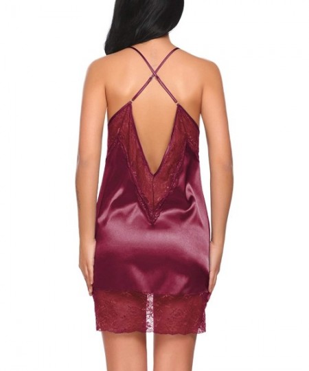Robes Women Lingerie Satin Babydoll Nightgown V Neck Strap Lace Chemise Sleepwear Set - A7273-dark Red - CQ18C74Z9TL
