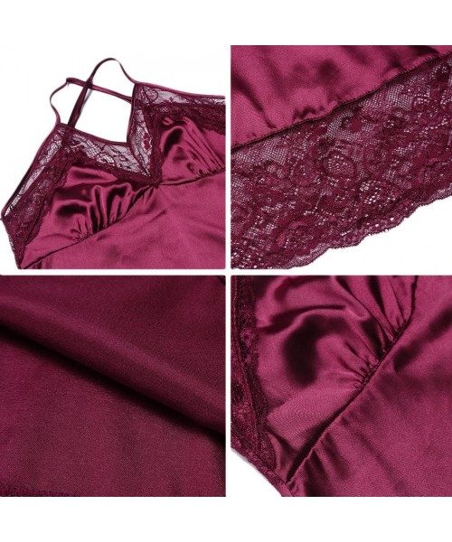 Robes Women Lingerie Satin Babydoll Nightgown V Neck Strap Lace Chemise Sleepwear Set - A7273-dark Red - CQ18C74Z9TL